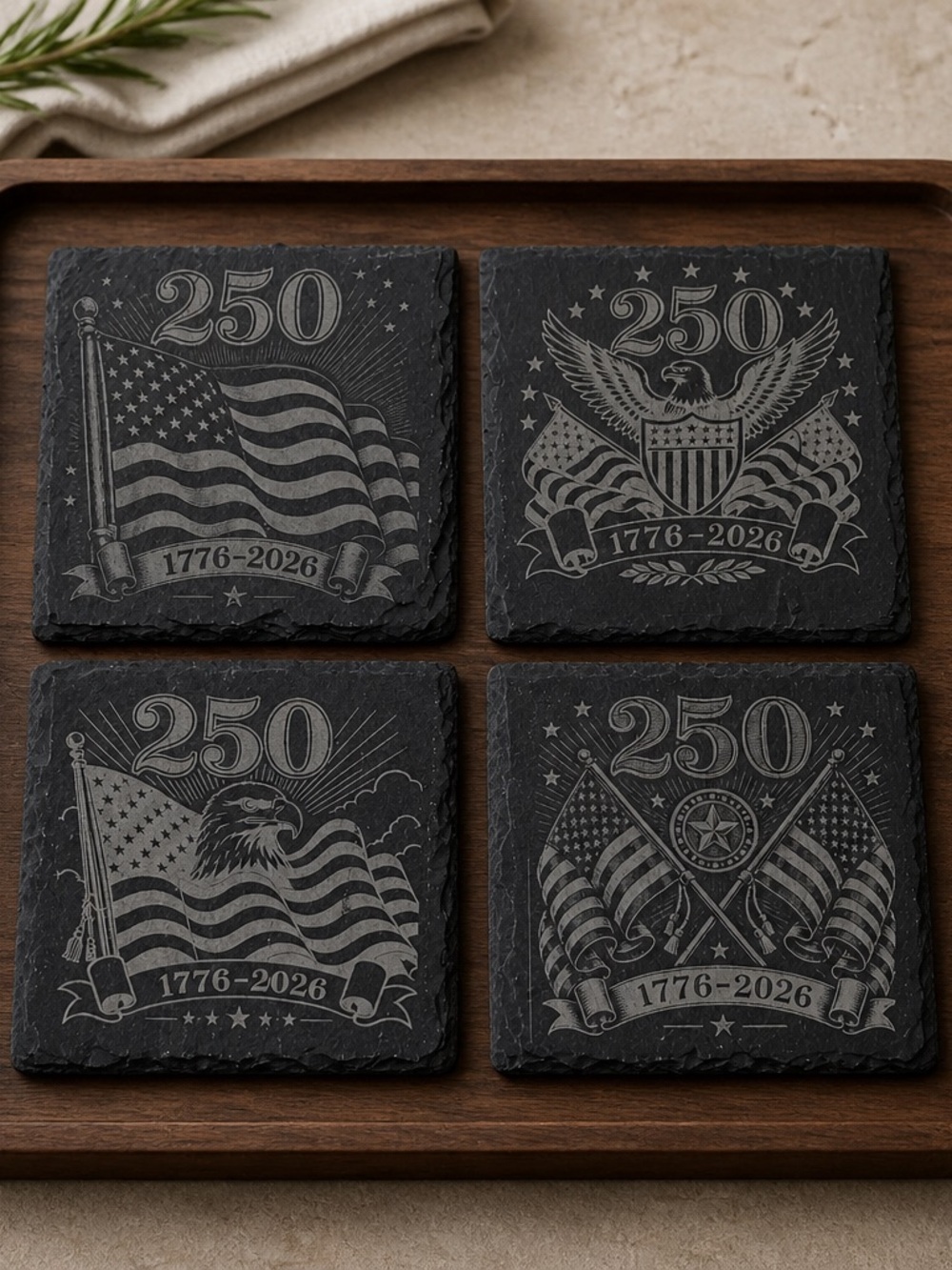 250th Anniversary Slate Coaster Set - Patriotic Eagle & Flag Designs